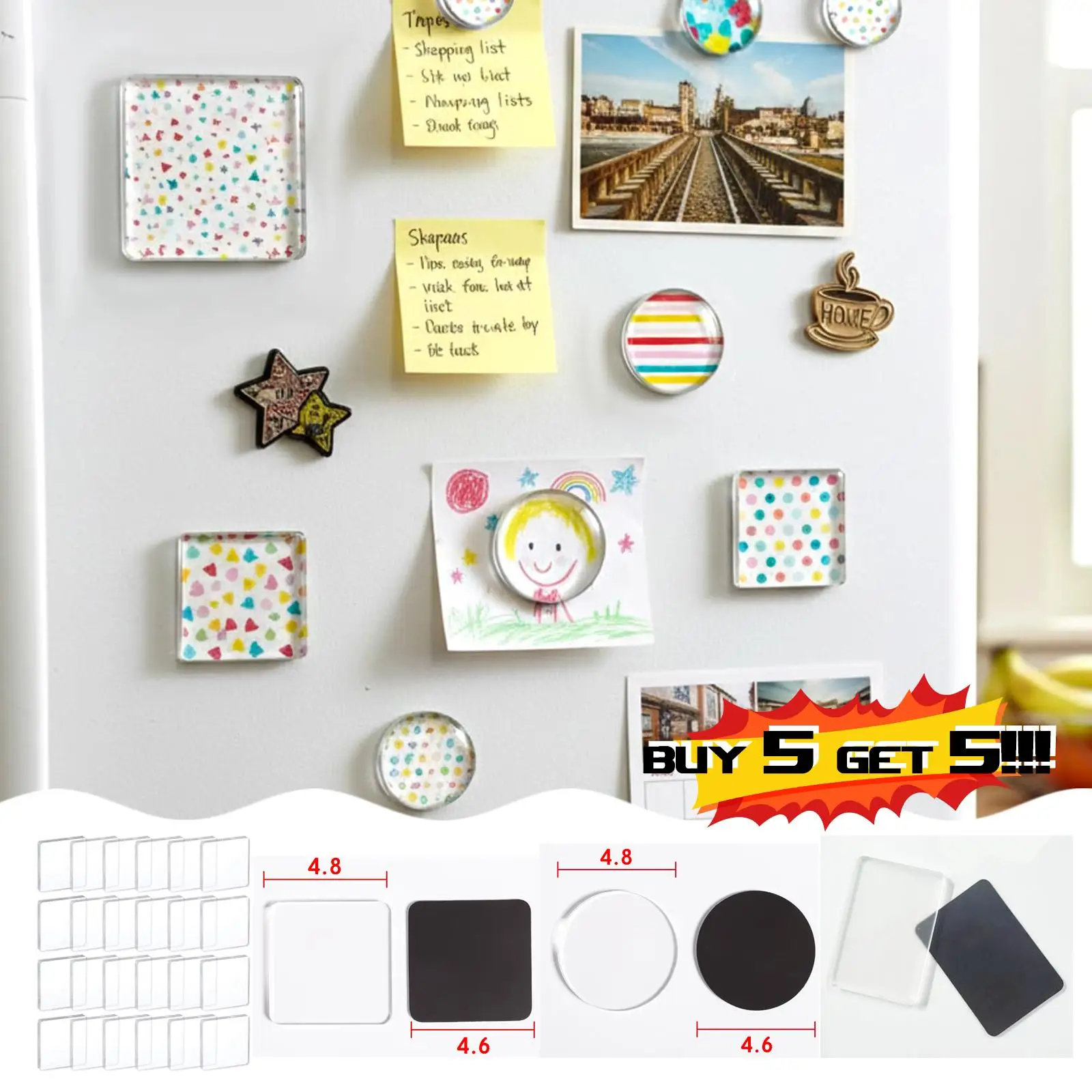 2-10Pack DIY Fridge Magnets Clear Acrylic Creative Square/Round Kitchen Office Decor Creative Birthday DIY Craft Gift Supplies