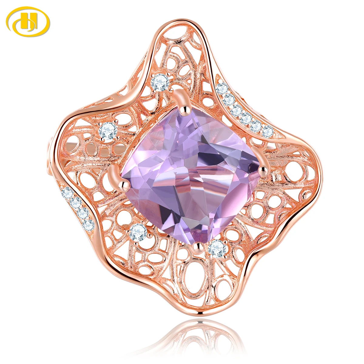 

Natural Pink Amethyst Sterling Silver Brooch Rose Gold Plated 2 Carats Genuine Gemstone Unique Original Design Romantic Style