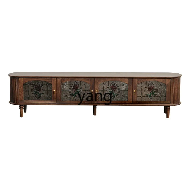 Lmm black walnut solid wood TV cabinet Nordic retro living room home stained glass TV cabinet