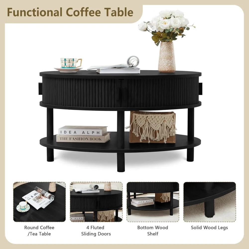 Mid Century Modern Round Coffee Table with Storage and Tambour Sliding Door, 2 Tier Design, Solid Wood Legs and Fluted Detail