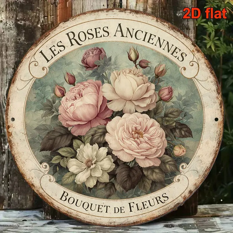 2D Flat, 1pc Round Wooden Sign, Vintage Old Rose Bouquet Floral Plaque, Botanical Decor for Cafe and Living Room