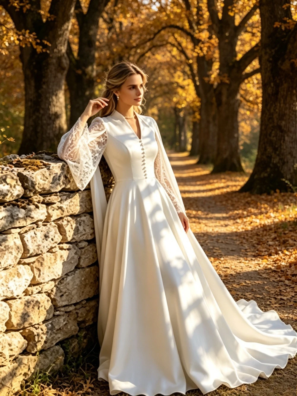 Customized V-neck Satin A-line Wedding Dresses 2026 New Transparent Lace Long Sleeved with Shawl Bridal Gown Front with Pearl
