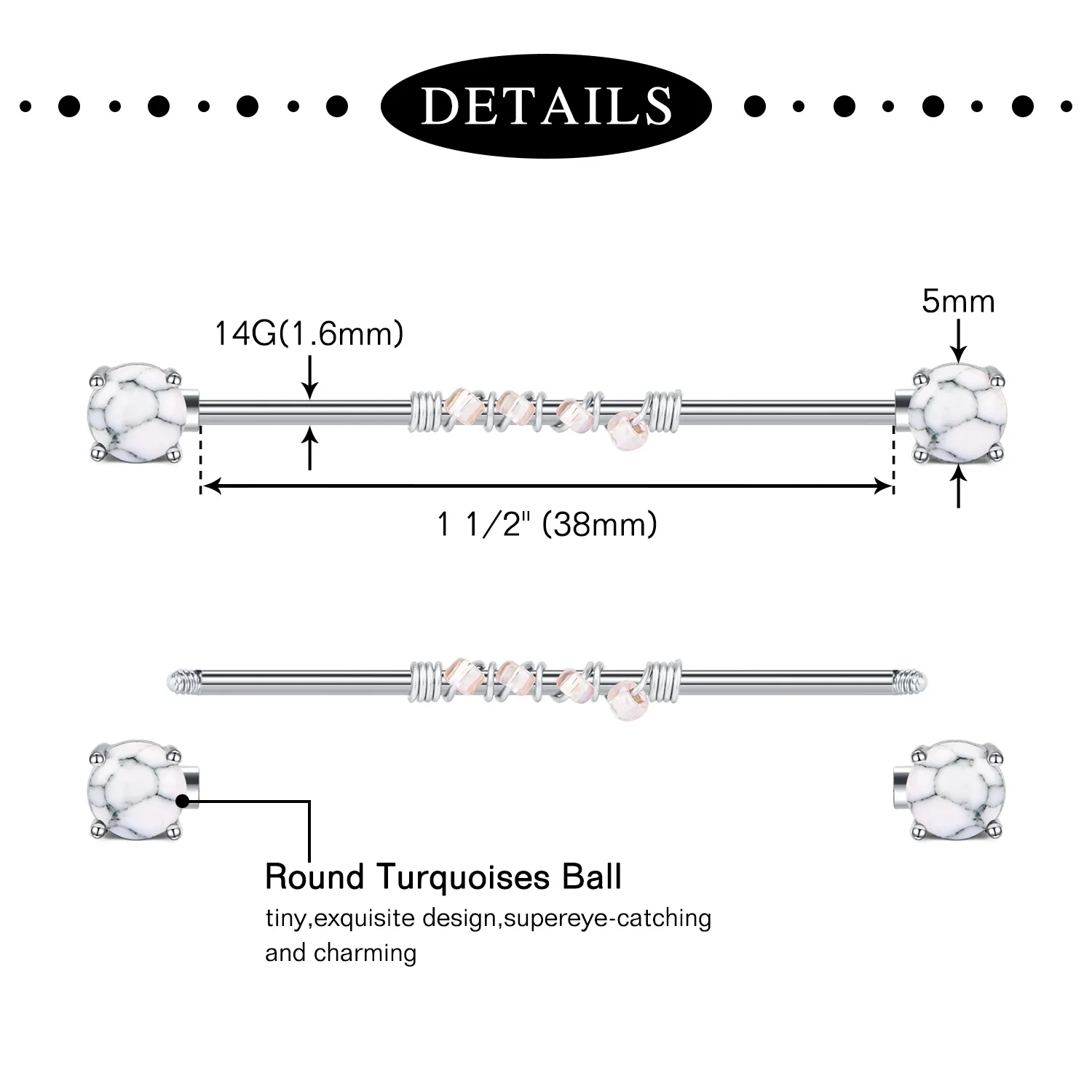 1Pcs 14G 38mm Stainless Steel Industrial Barbell Ring Ear Straight Barbell Stud Cartilage Earring Helix Body Piercing Jewelry