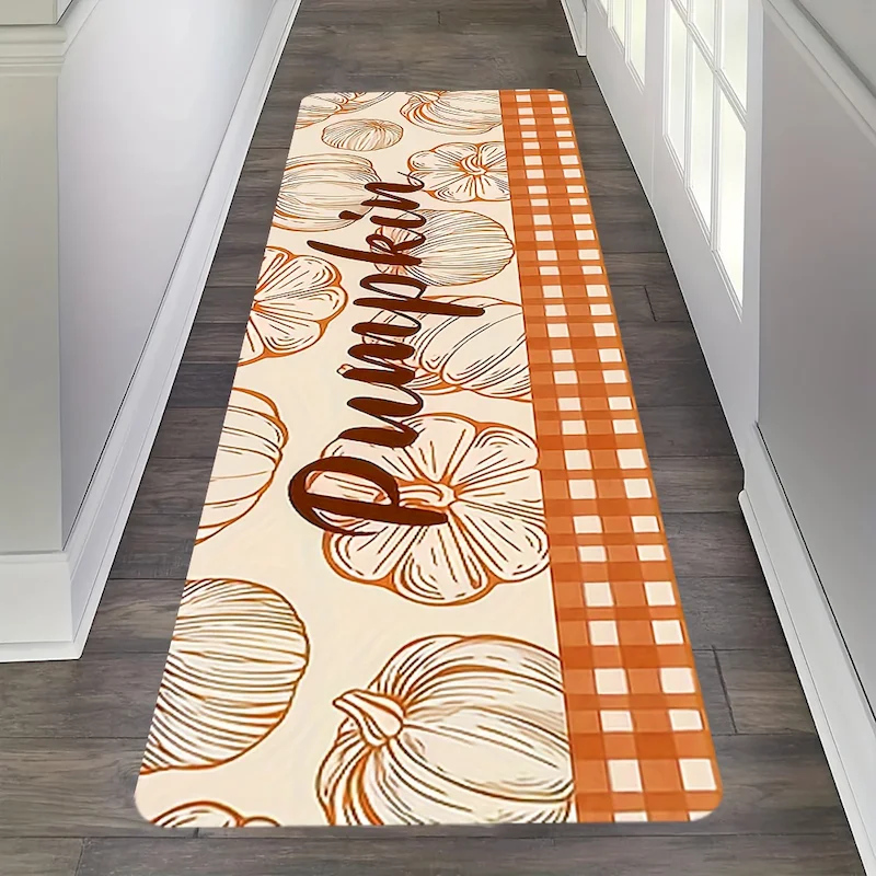 VIKAMA hand-painted pumpkin orange grid carpet kitchen anti slip absorbent foot mat autumn soft floor mat home decoration