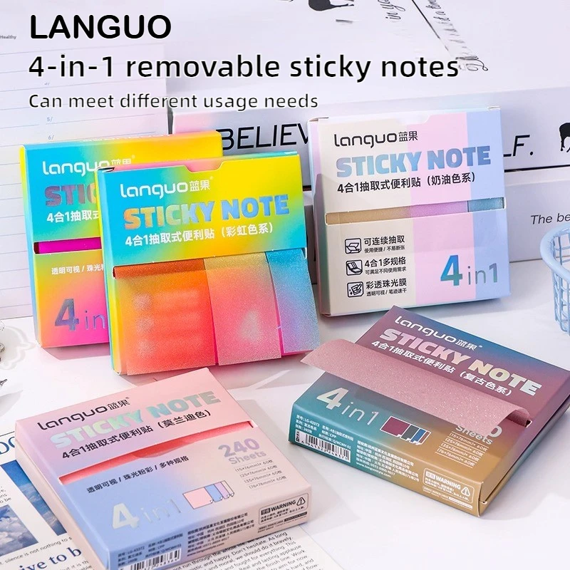 LANGUO 4-w-1 Perłowe Matowe Karteczki Samoprzylepne Z Możliwością Pisania, Odrywane Karteczki Memo Do Pisania Markerem Żelowym, Artykuły Szkolne Biurowe, Artykuły Papiernicze