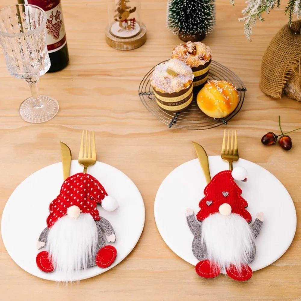 Three Faceless Elderly Christmas Tableware Storage Bag Felt Material Santa Claus Tableware Storage Device Red Color Combination