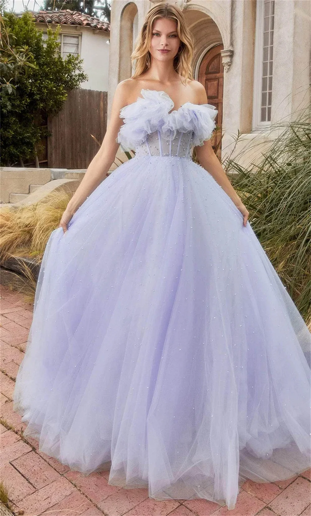 Jessica Light Purple Sweetheart Prom Dresses Pearl Tulle Princess Evening Dresses Sexy Strapless Party Dresses 2024Wedding Dress