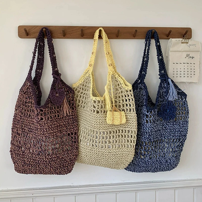 

Hylhexyr Eco-friendly Handmade Women Designer Straw Mesh Shoulder Bag Beach Holiday Dress Beach Shopping Bags