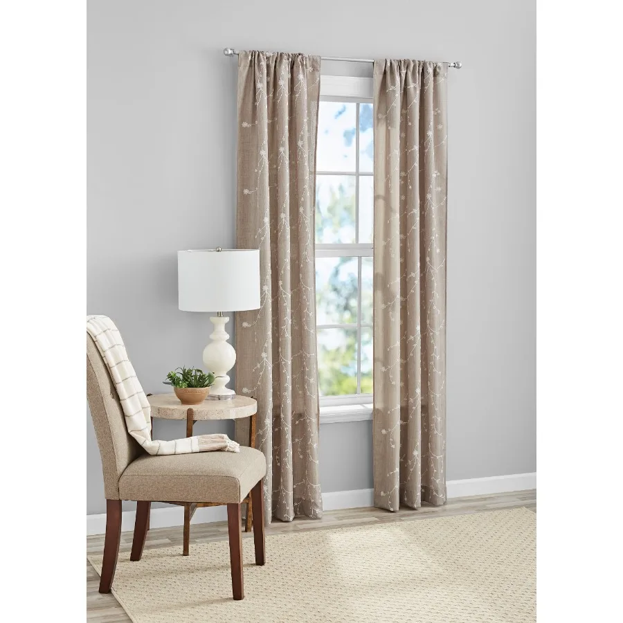 Heathered Embroidered Sheer Curtain Panel Pair Set of 2 Beige 37"W x 84"L