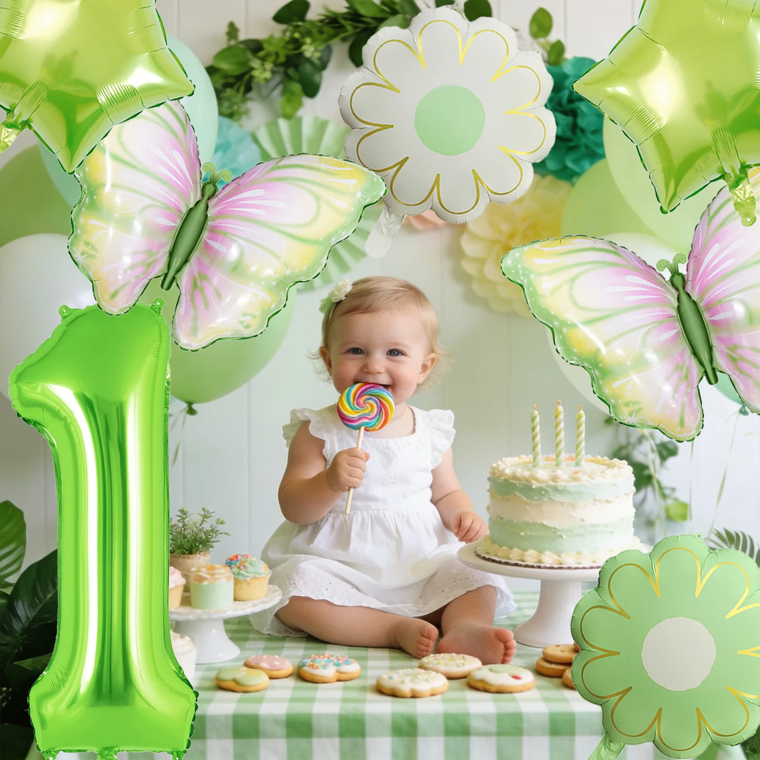 Grünes Schmetterlings-Geburtstagsballon-Set – Folienzahlen 1-9, Gänseblümchenballons & Schmetterlingsdekorationen, perfekte Geburtstagsparty-Ausstattung – Detail 4
