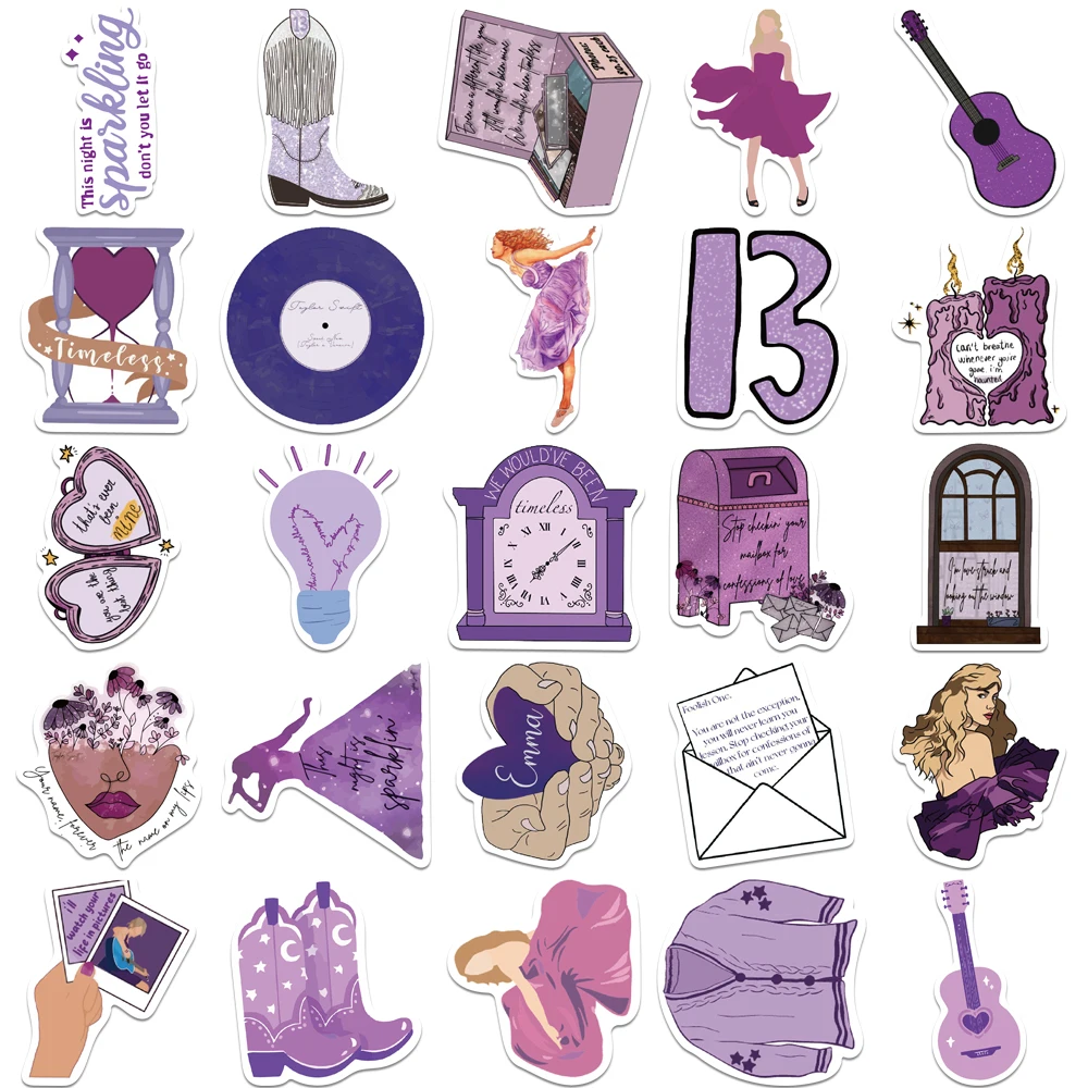 50Pcs Taylor Stickers Cool Trendy Purple Speak Now Albums Stickers Waterproof Decals for Laptops Water Bottle Guitar Suitcase