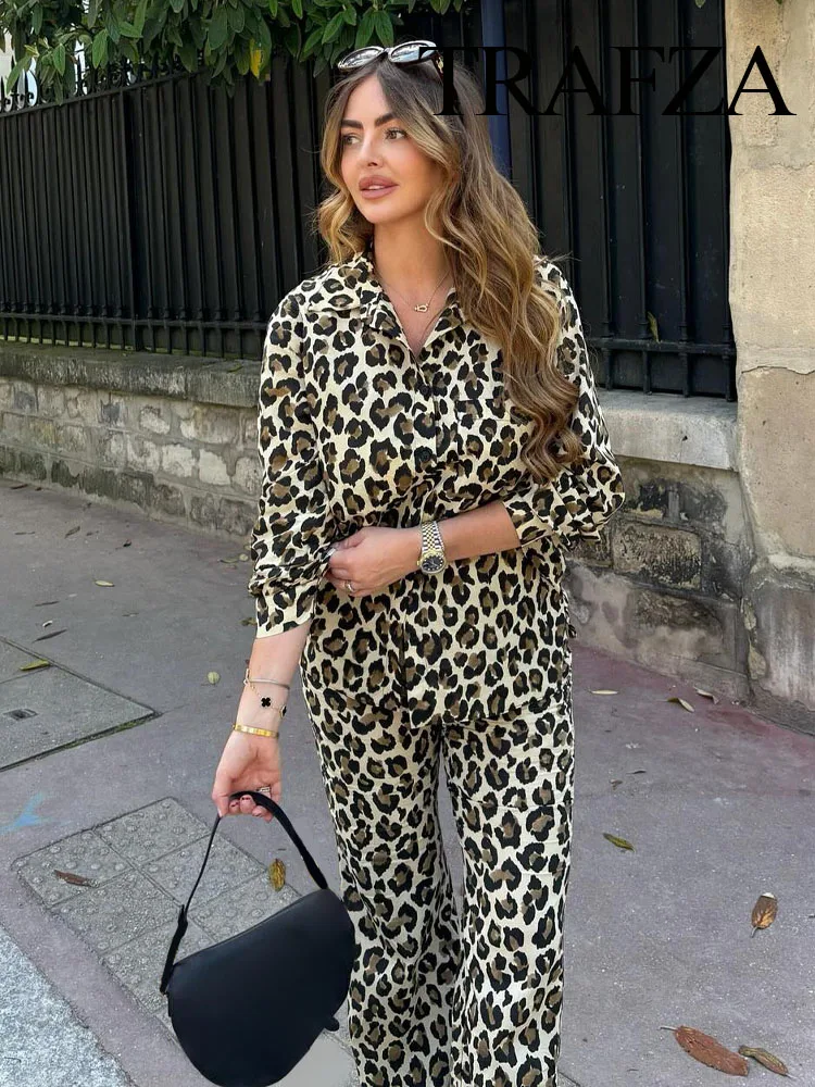 TRAFZA Leopard Print Retro 2 Piece Set For Women Long Sleeves Lapel With Pocket Shirt+High Waist Straight Leg Pants Spring 2024