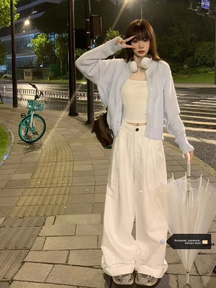 

Белые широкие джинсы из денима для женщин, летние, с высокой талией, прямые, свободные, струящиеся, в пол, в корейском стиле, для повседневной носки