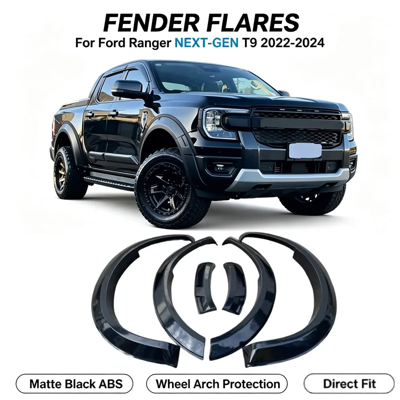 Wheel Arch Fender Flares Kit Compatible with Ford Ranger Next Gen T9 2022-2024 Wildtrak XLT XLS XL Black ABS Accessories