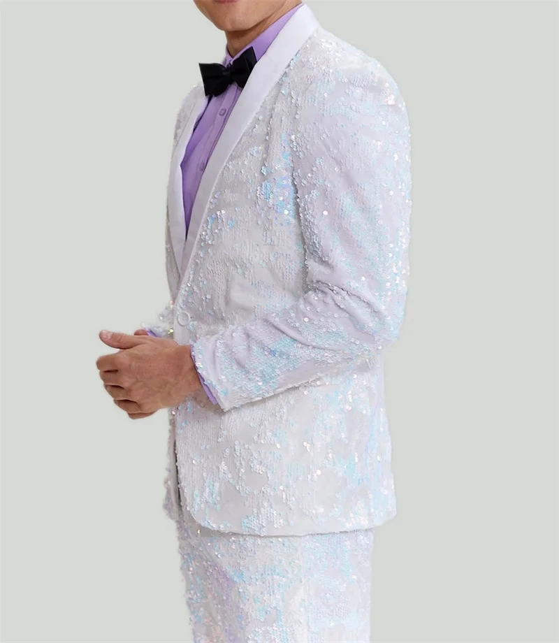 Setelan jas pria payet Glitter biru putih Set Blazer pernikahan tuksedo 2 potong mantel + celana gaun Prom jaket kostum pria buatan kustom