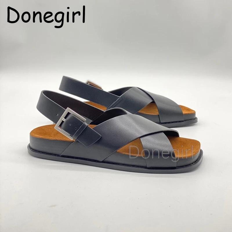 

Donegirl Thick Sole Sandals Women Genuine Leather Cross Strap Holiday Beach Shoes Female Casual Flat Sandalias Summer Sandals