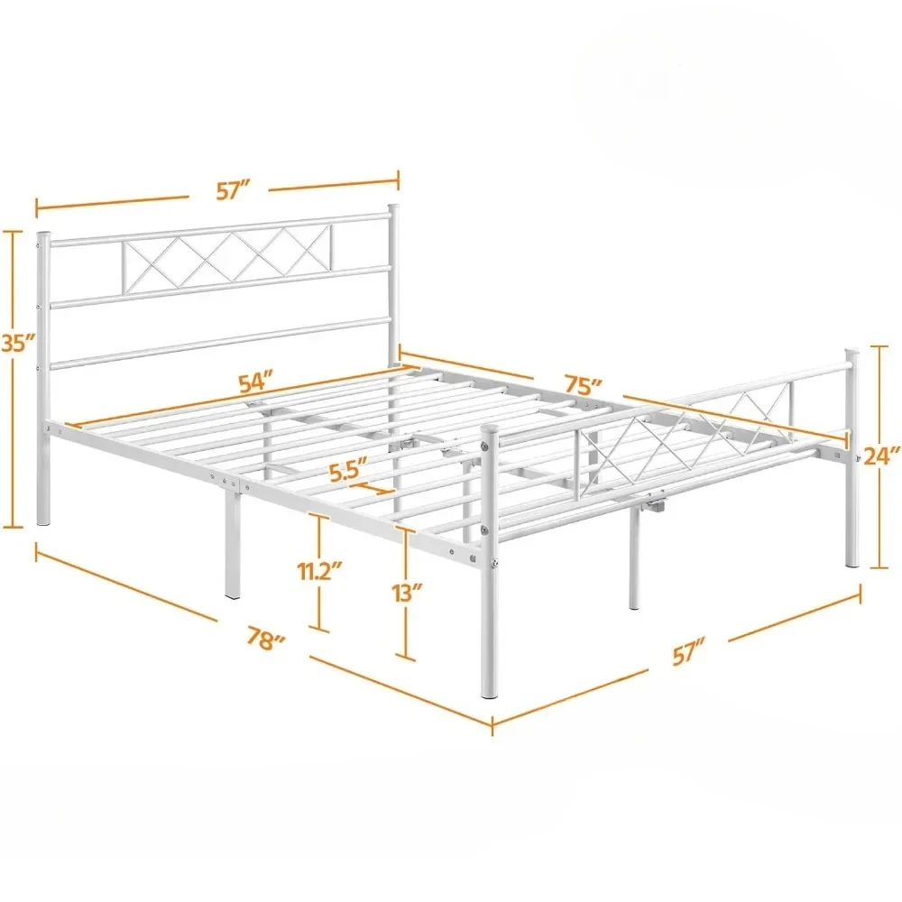 Metal Platform Bed Frame Mattress Foundation with Headboard and No Box Spring Needed Under Bed Storage Steel Slats White Full