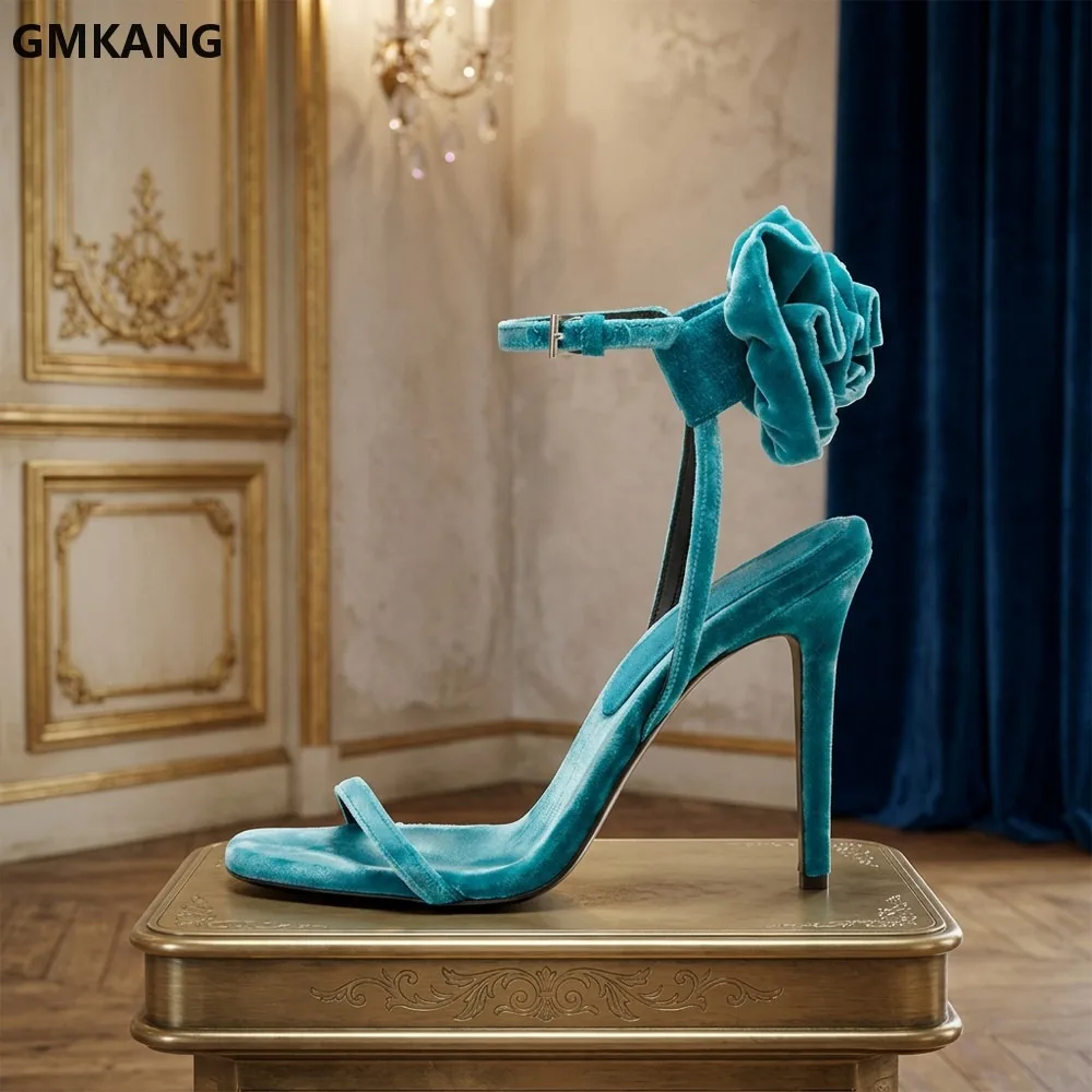 

GMKANG Women's Blue Velvet Flower Heeled Sandals Round Toe Chunky High Heel Buckle Dress Shoes for Party Wedding Banquet