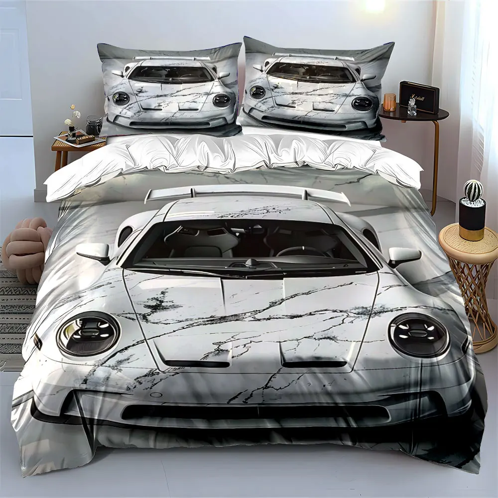 White marble-patterned sports car design Printed Duvet Cover Set 1 Duvet Cover+2 Pillowcase Multi Size Bedroom Bedding Decor