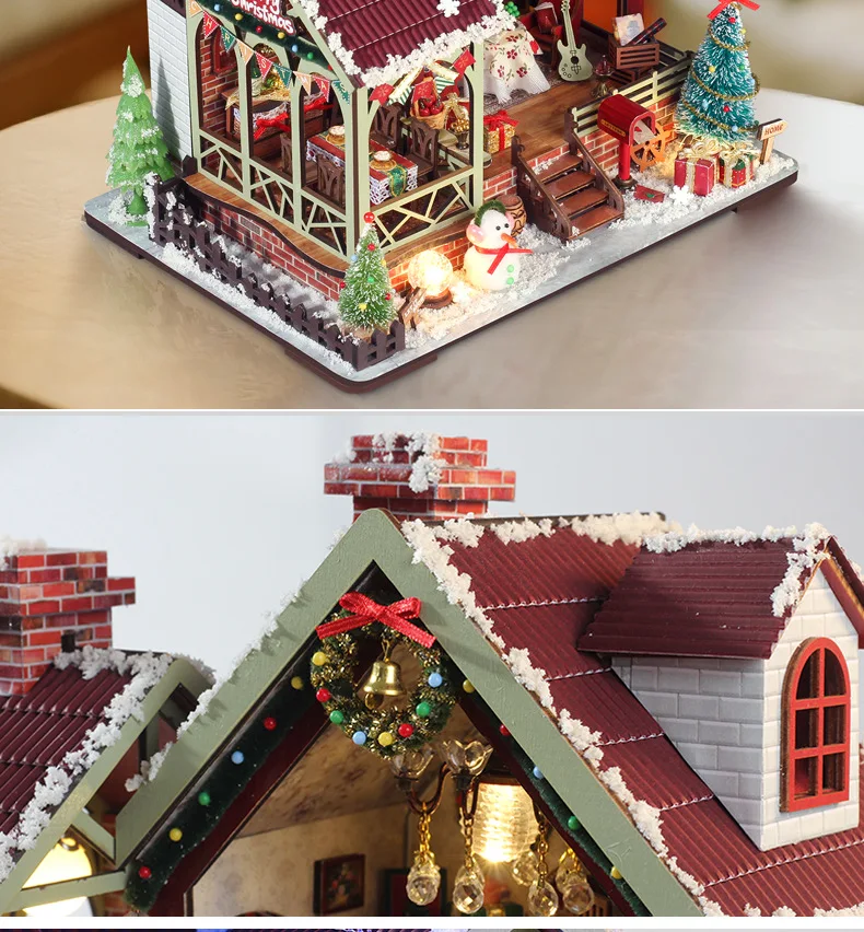 Com luzes led diy de madeira quente natal lodge casa casas de boneca kits modelo em miniatura móveis para amigos presentes