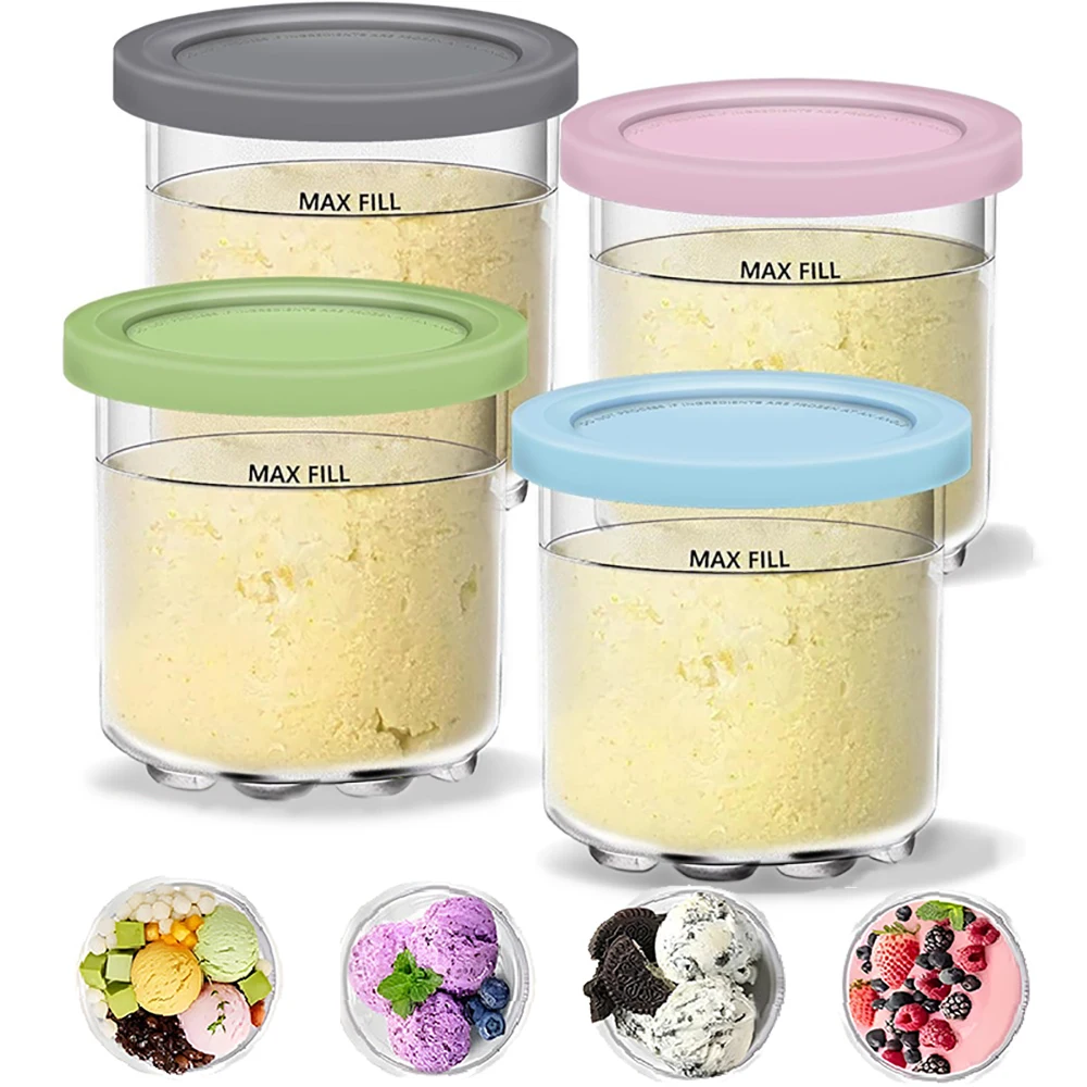 Pintas y tapas Creami para Ninja, contenedores de helado cremoso, tazas, frascos, bañeras, juego de botes, olla para batidos Compatible, paquete de 4