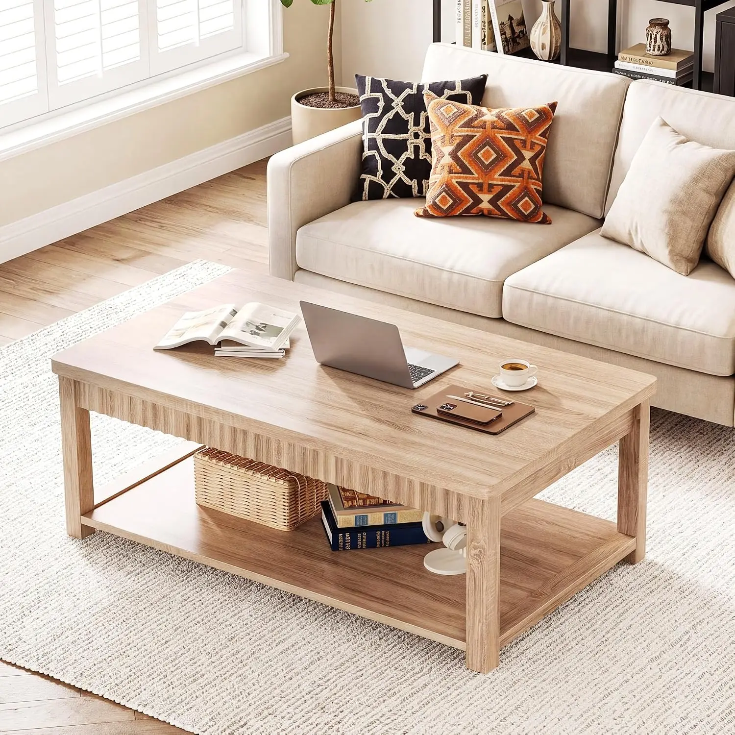 Fluted Coffee Table 2-Tier Storage Shelf Oak, Customized