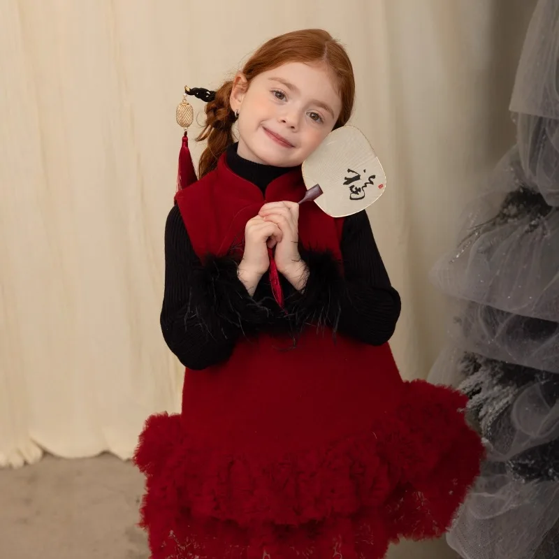 

Girls New Year Red Dress Princess Tutu Dresses Thickened for Warmth Costume Spring Festival Clothes Fashion Outfits Winter