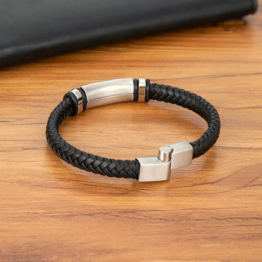 XQNI Luxury Men Bracelets Stainless Steel Accessories Leather Combination 3 Colors Woven Open Bracelet For Male Jewelry Gift