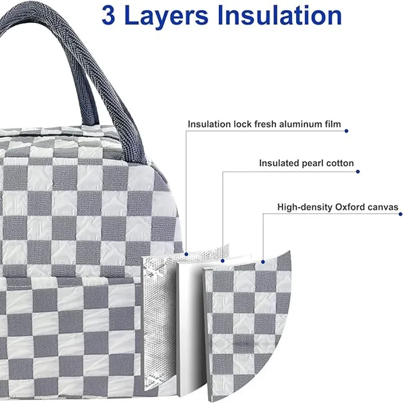 Insulated aluminum foil lunch bag, student portable checkered lunch box bag, suitable for use on school trips