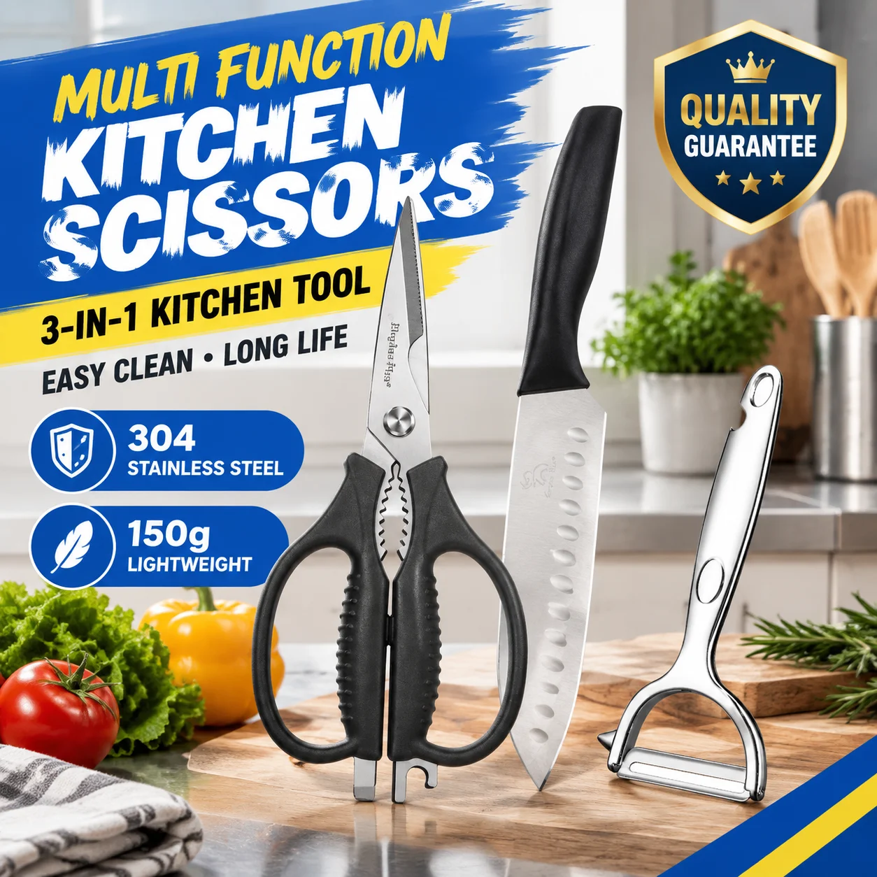 Stainless Steel Kitchen Knife And Scissors Three-Piece Set Household Slicing Knife, Scissors, Melon Peeler, Complete Home Set