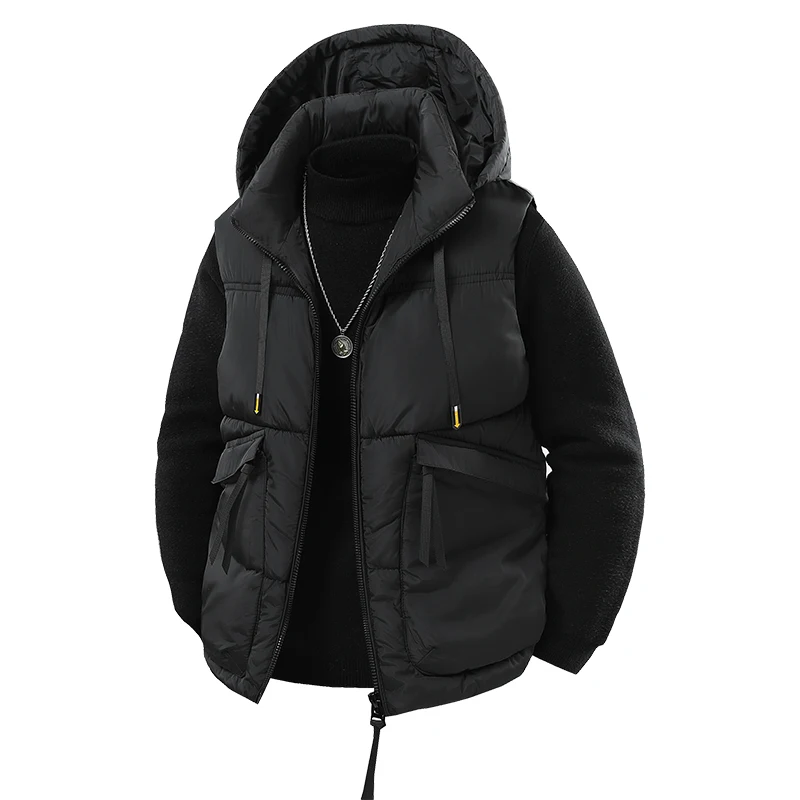 Winter Down Cotton Jacket Vest Men's Cool and Trendy Vest Men's Workwear Cotton Vest Multi-pocket Zipper Solid Color Hooded Vest