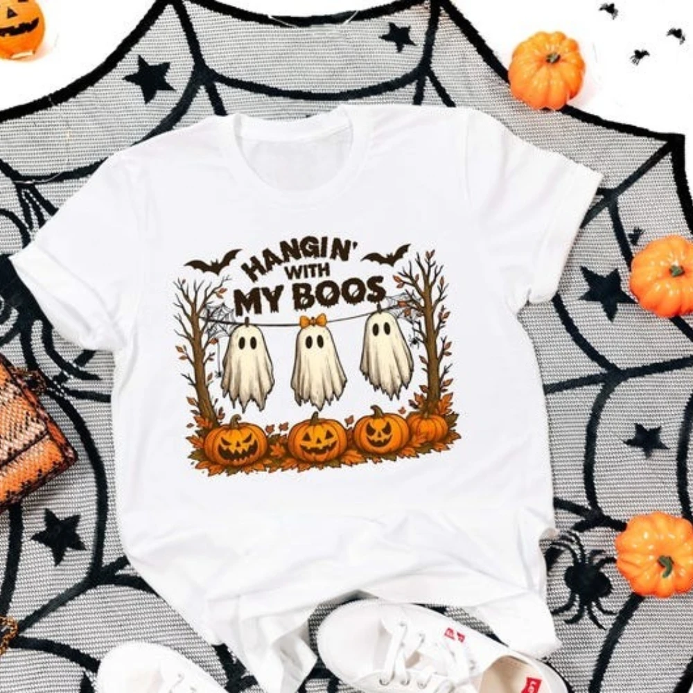 Hangin’ with My Boos Graphic T Shirts Halloween Cute Pumpkin Bat Tshirt Woman Man Vintage All Saints' Day Cotton Short-sleev