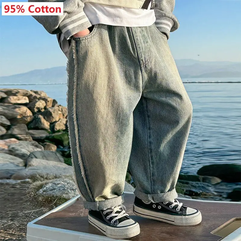 Teens Kids Streetwear Pants Boys Korean Childrens Clothing 2025 Spring New Trousers Straight Cylinder Causal Jeans Elastic Waist