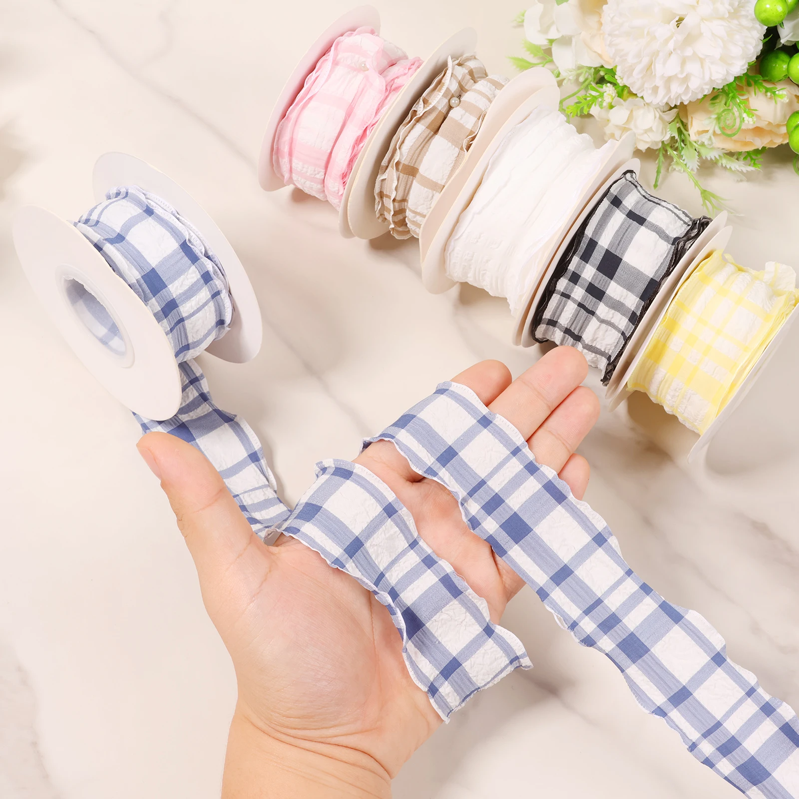 

6Pcs Bouquets Checkered Ribbon DIY Multi Colors Gifts Wrapping Wired Plaid Ribbon for Wedding Christmas 90cm Sewing Excipients