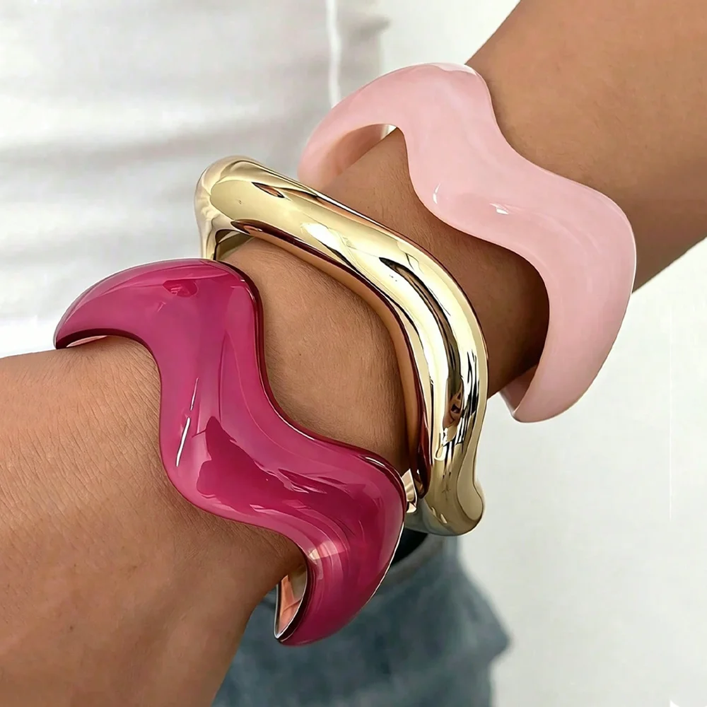 3pcs Retro Minimalist Wavy Acrylic CCB Material Pink Hoop Bangle Bracelet For Women Daily Wear Stackable Holidays Jewelry Gift