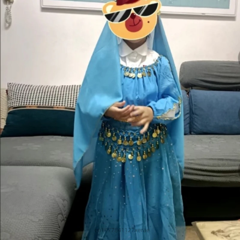 Traje de performance de dança indiana infantil, fantasia de performance de dança do ventre adulto, conjunto de mangas compridas para dança étnica de meninas