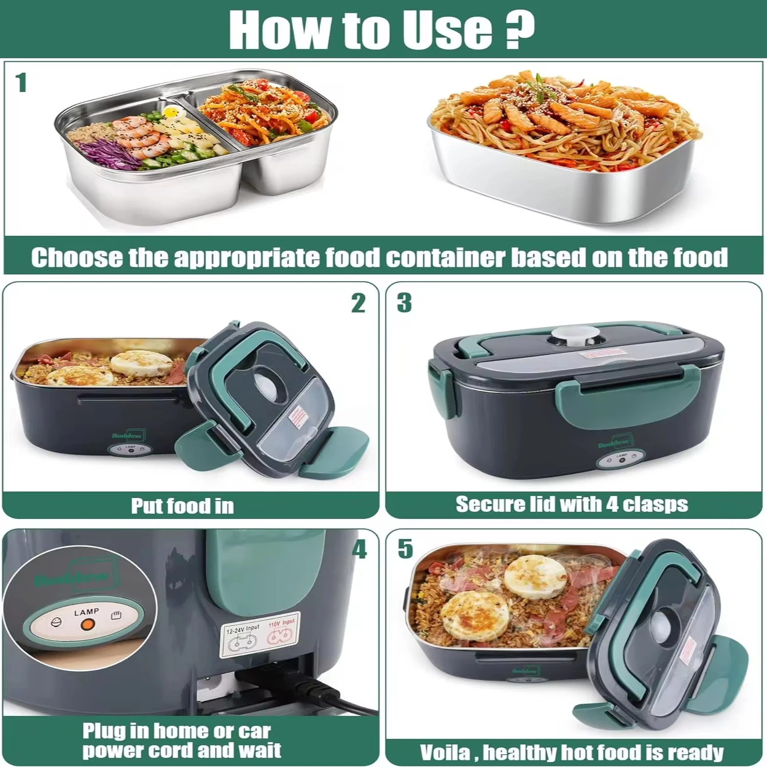 Buddew  Lunch Box 80W Food Heater  Adults, 12/24/110V Portable Lunch Warmer Upgraded Heated Lunch Box  Car/Truck/O