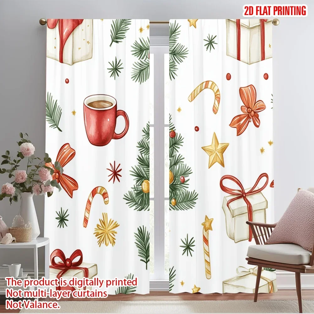 2pcs,2D plane printing Curtains&Window Treatment Christmas trees gifts cozy mugs Polyester Easy Install (without rod) Versatile