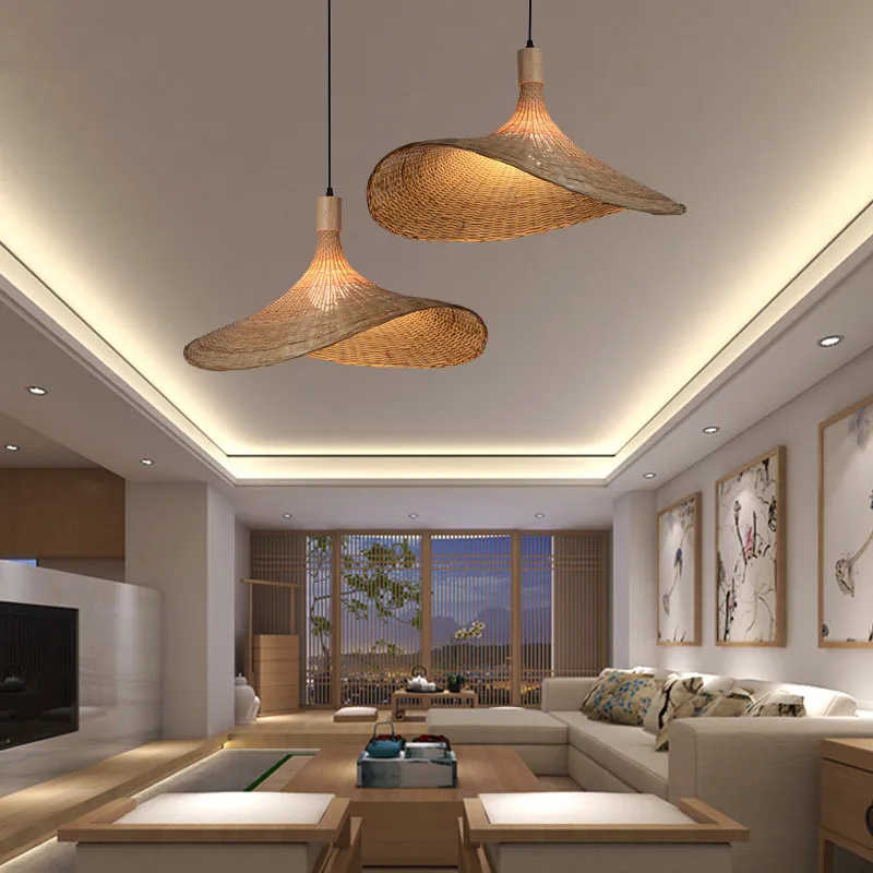 Modern hand woven bamboo lamp, used in restaurant, hotel, family, living room, attic, retro, custom straw hat, decorative lamp