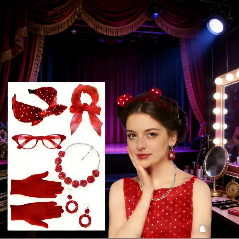 

Винтажный комплект для вечеринки в стиле 1950-х годов: серьги в горошек, головной убор, реквизит для ролевых игр