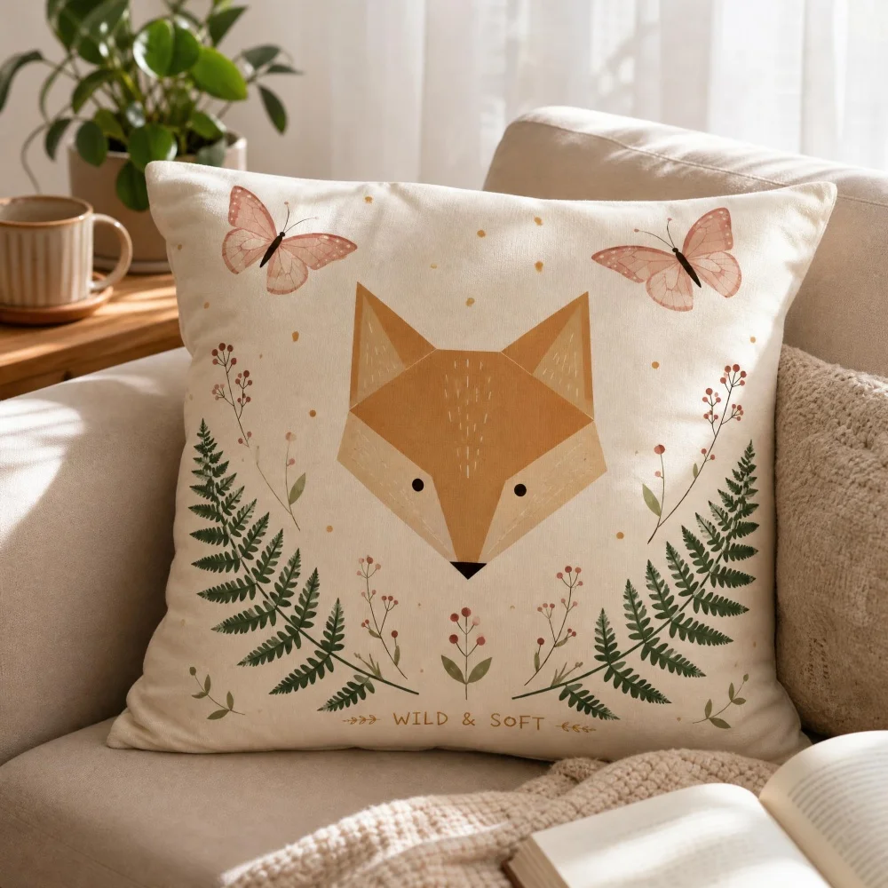 Forest Fox Stuffed Throw Pillow , Botanical Fern Butterfly Print Square Cushion for Cottagecore Farmhouse Sofa Decor