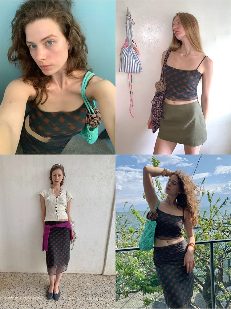 

Ретро-комплект из двух предметов: юбка и топ в клетку с эластичной сеткой, лето 2025, женская модная одежда из полиэфирного волокна