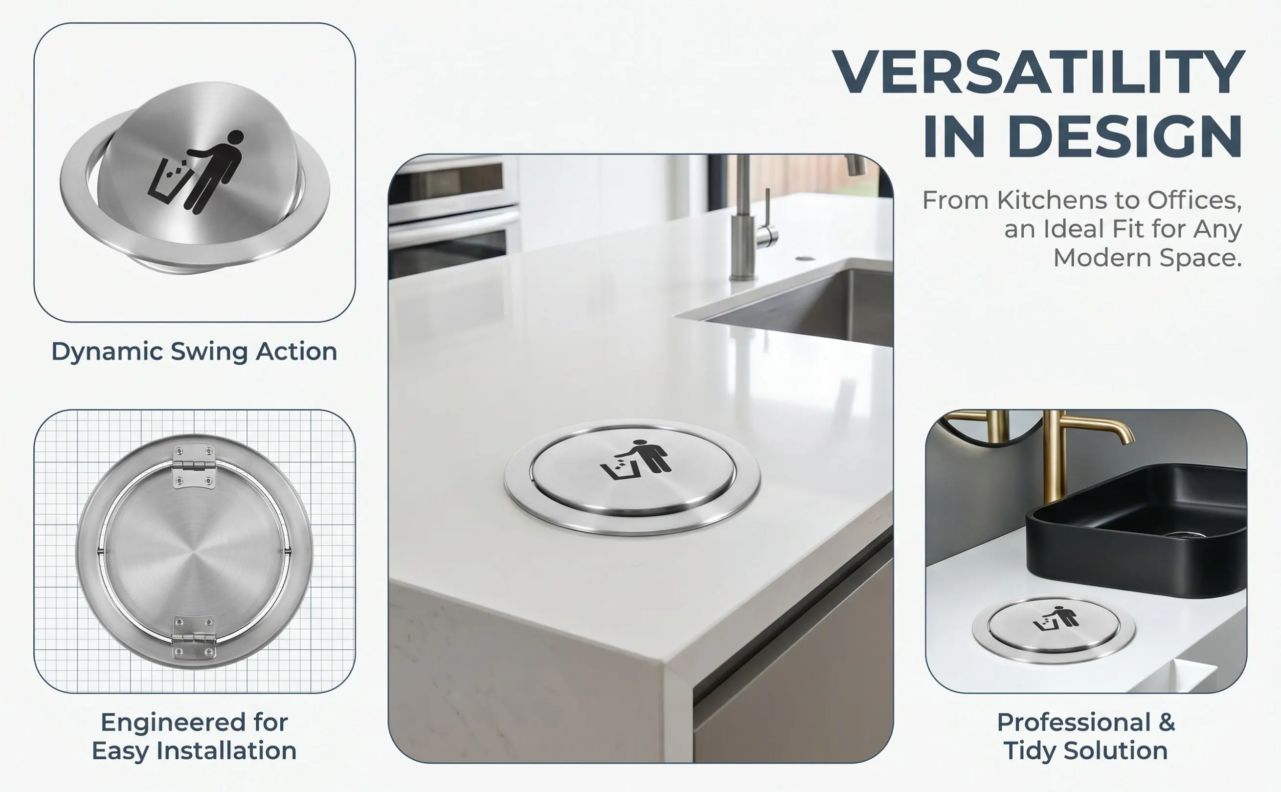 Swing Top Stainless Steel Recessed Trash Bin Lid for Kitchen Bathroom Countertop Garbage Can Cover Trash Chute