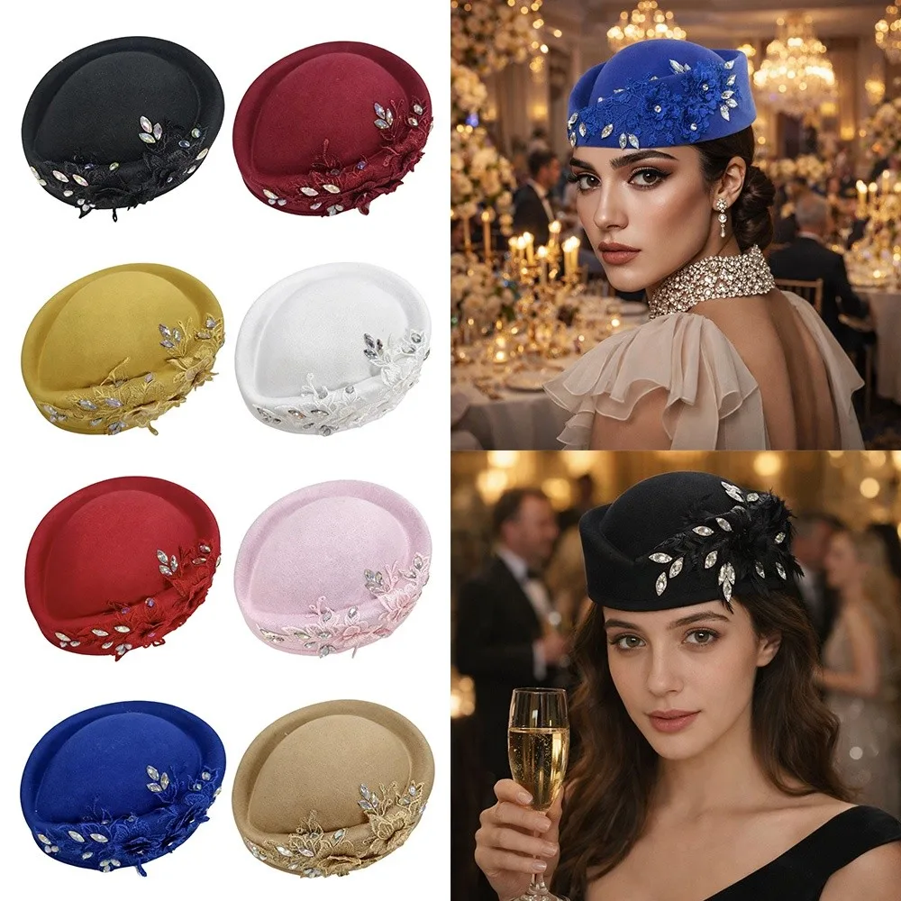 British Retro Top Hats Diamond Flower Applique Formal Stewardess Hat Concave Top Solid Flight Attendant Hat Cosplay Costume