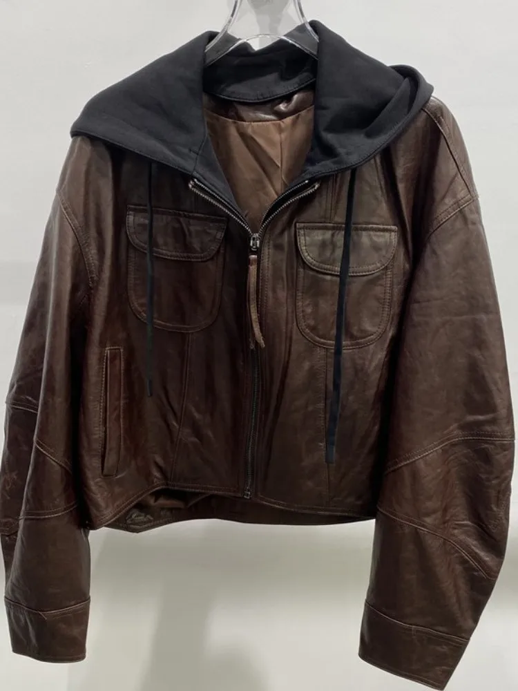 Leisure Style Ladies Hooded Solid Color Genuine Leather Jacket Loose Zipper Handmade Long Sleeves Sheepskin Baseball Outerwear