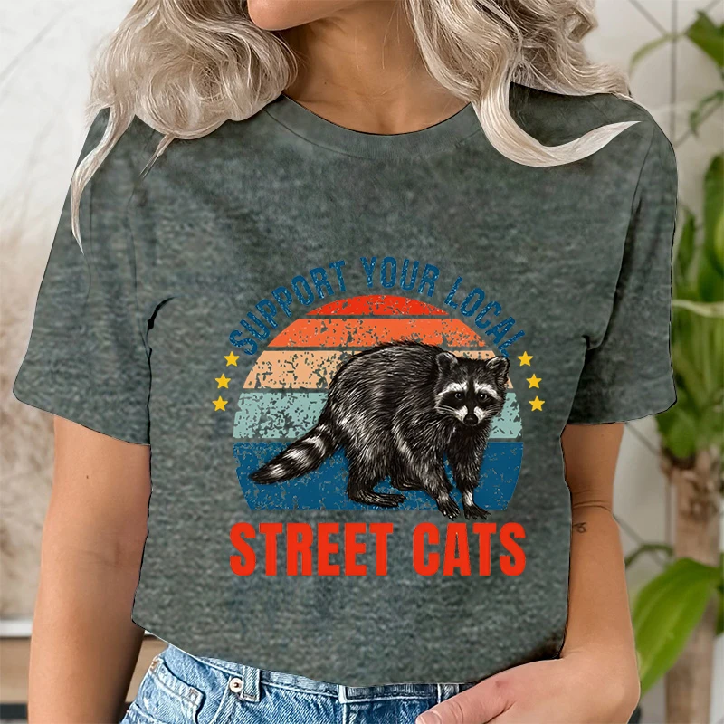 Raccoon Summer Women T Shirt Animal Support Local Street Cats Print Casual O-Neck Short Sleeve Pullover Female T-Shirt Clothing