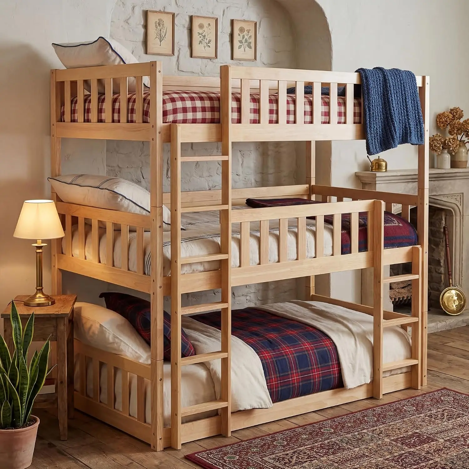 Solid Wood Triple Bunk Bed 3 Levels 2 Ladders Detachable Safety Guardrails Heavy-Duty Rubber Wood Frame Kids Bedroom, Customized