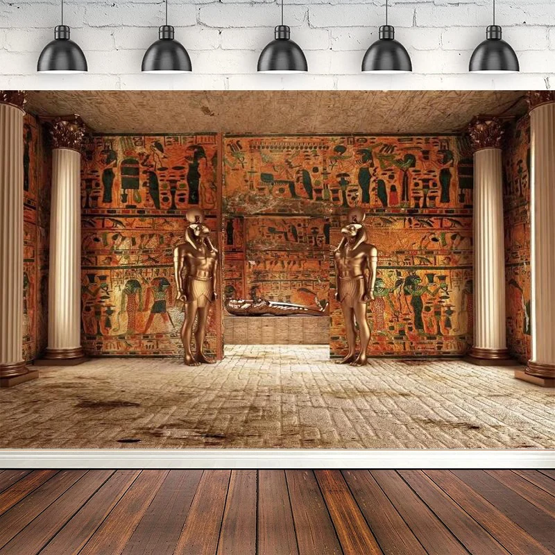 

Photography Backdrop Egyptian Pharaoh Tomb Interior Hieroglyphs Wall Murals Golden Background Party Banner Photo Studio Poster