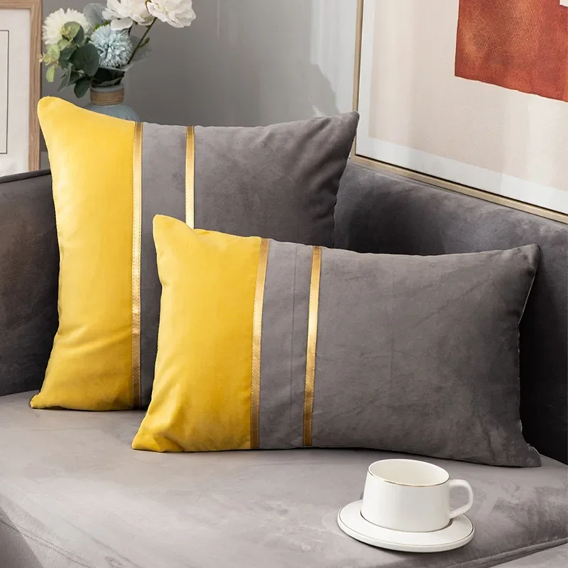 Comfortable Velvet Sofa Cushion 45x45cm Fashion Contrast Color Gold Bar Stitching Pillowcase Decorative Pillows for  BedHome