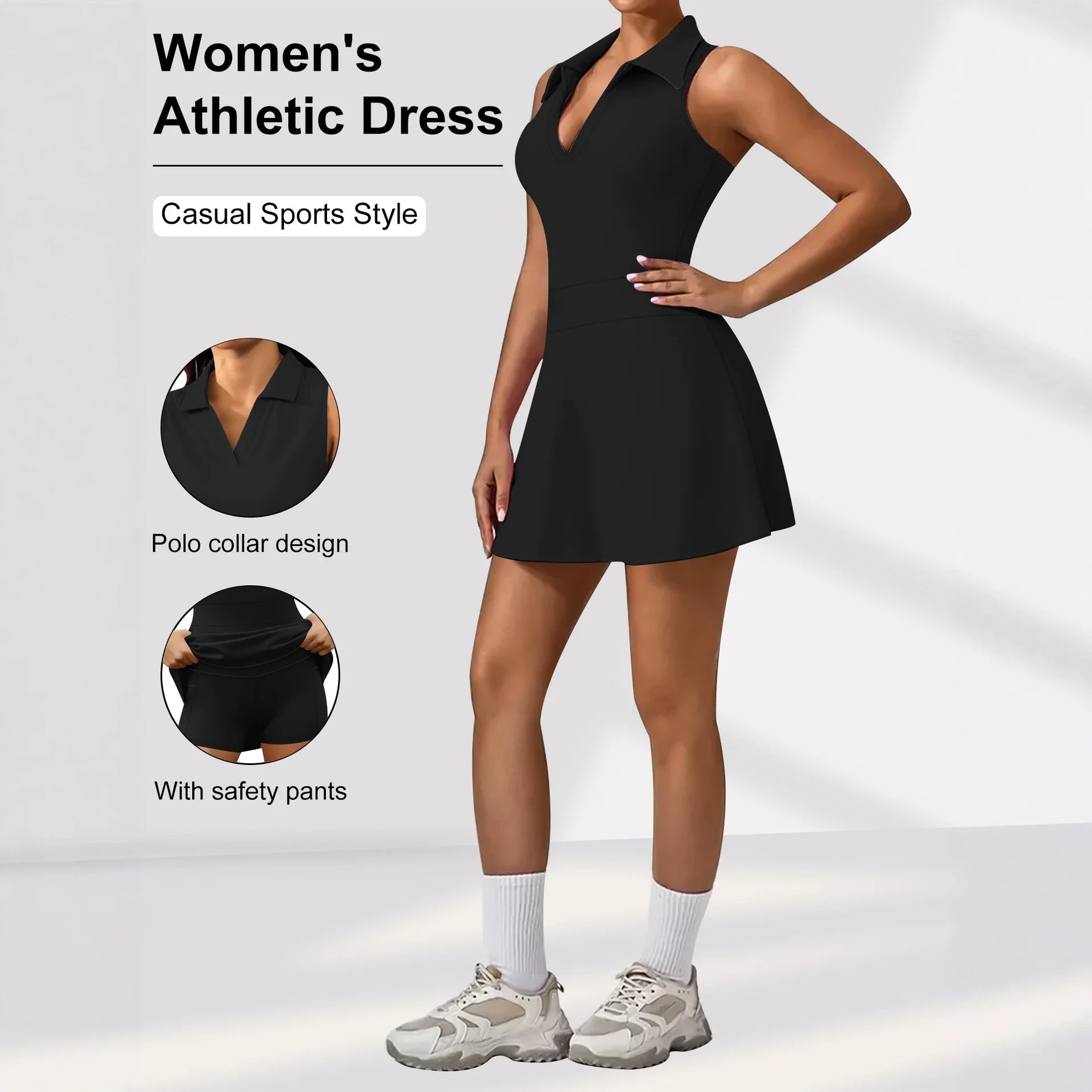 Women Polo Collar Sleeveless Tennis Dress With Shorts Pockets Athletic Workout Golf Dress Built-in Safety Shorts